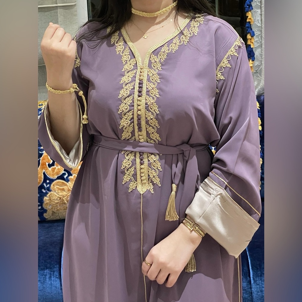 Elegant Purple and Gold Embroidered Dress - CAFTAN - Traditional fits M-L